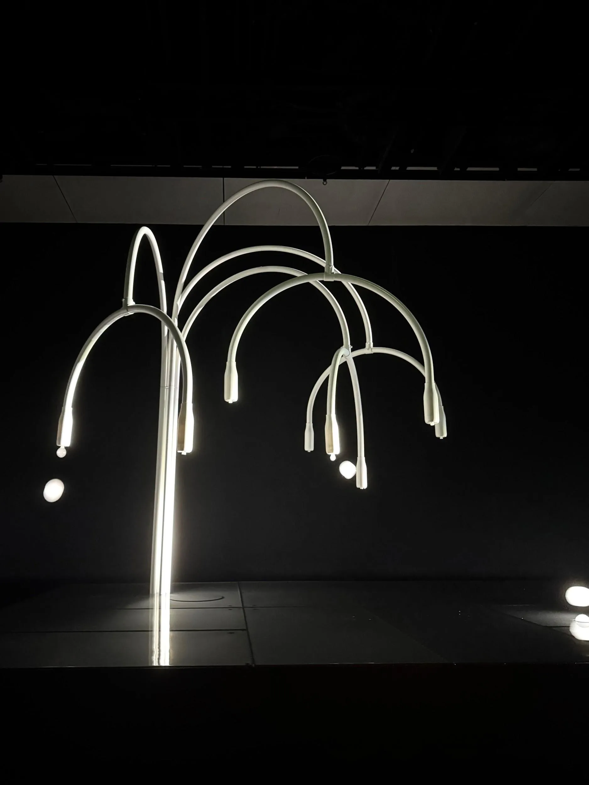 Tatsuo Miyajima’s illuminated tubular arcs in a darkened gallery