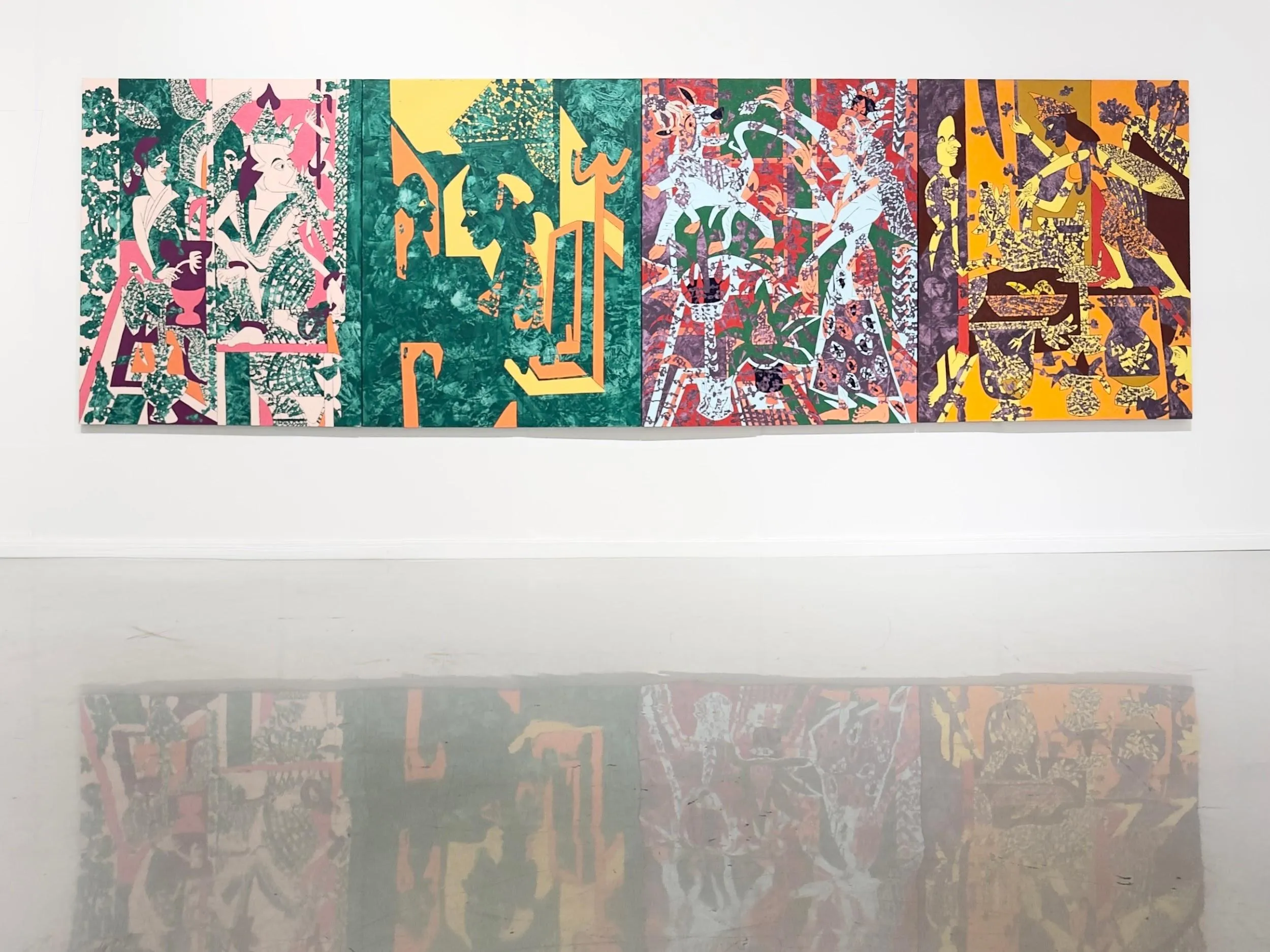 A multi-panel painting by Alongkorn Lauwatthana, reflected in the gallery floor