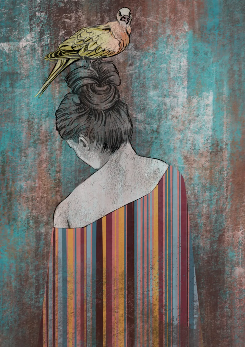 Green Pigeon & La Nymph, mixed media, 2024