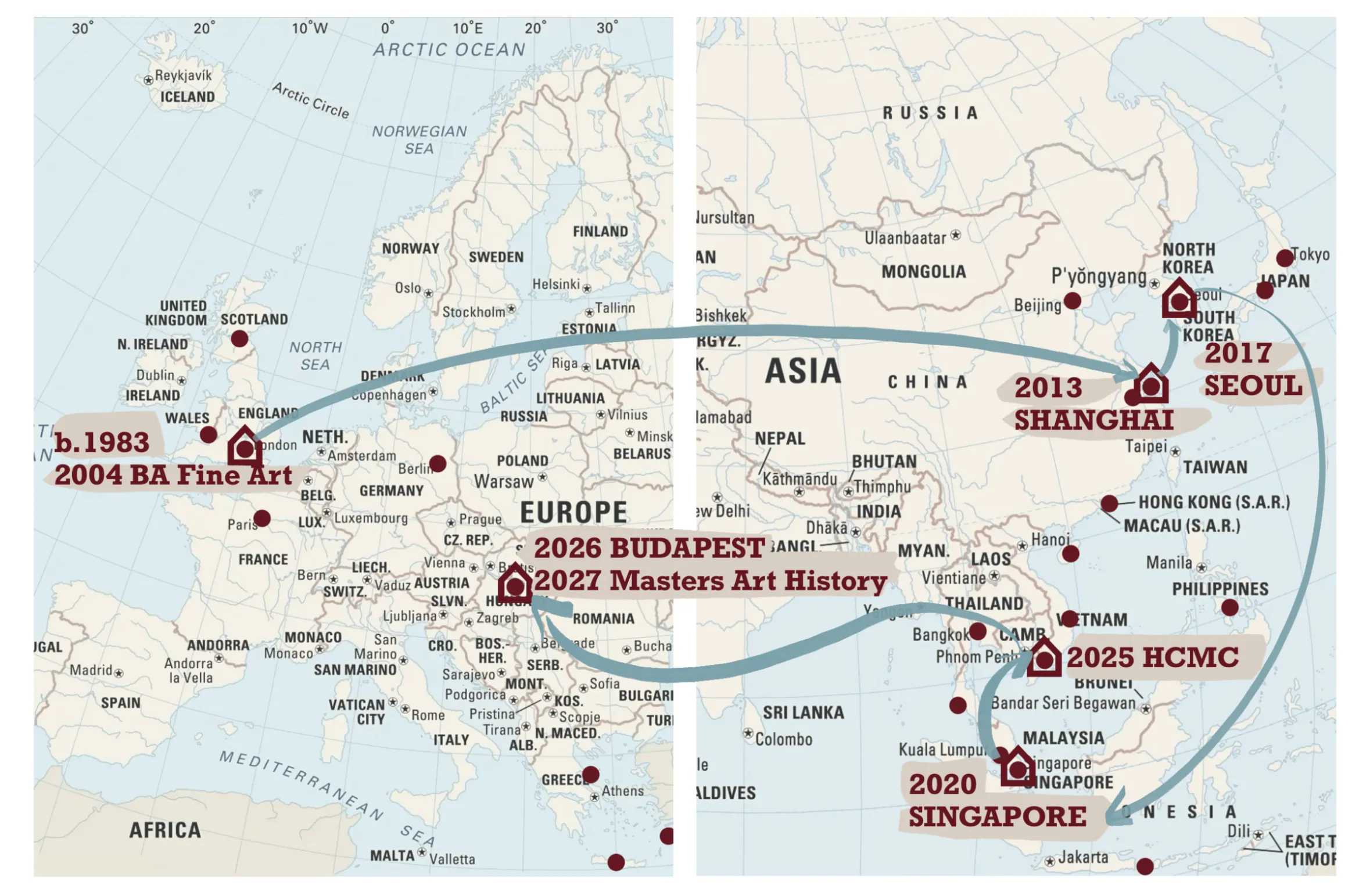 Shelley's hand-drawn map of her route from the United Kingdom across Asia and back to Europe.