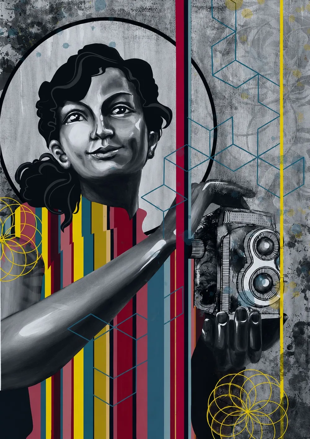 Tianzifang, acrylic and collage on board, 2023